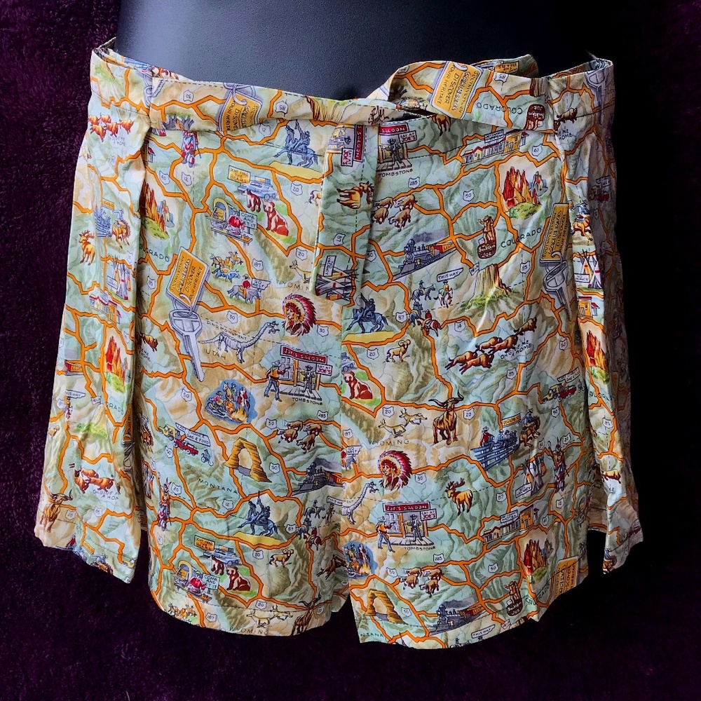 Nicole Miller, vintage Wild West shorts, map, silk lounge/party, L